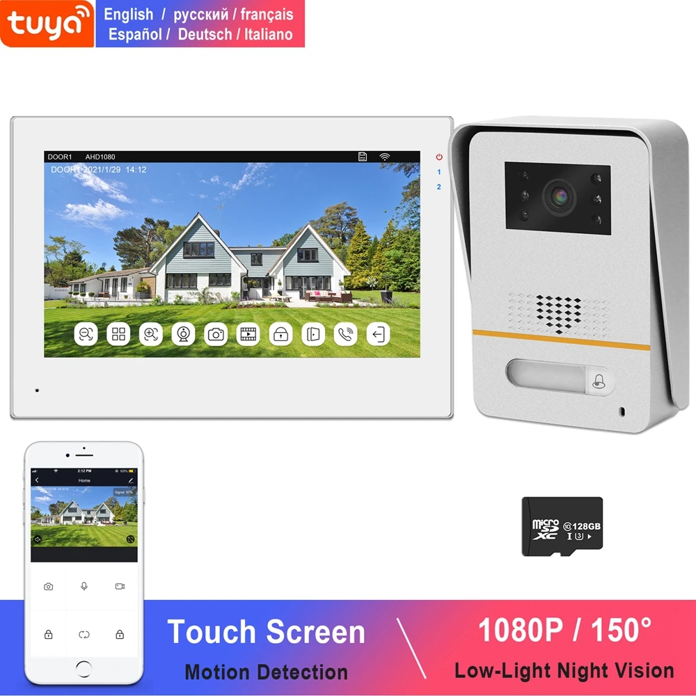 WiFi Video Intercom for Home Wireless TUYA Smart IP Door Intercom System Touch Screen 1080P Doorbell 150° Low-Light Night Vision