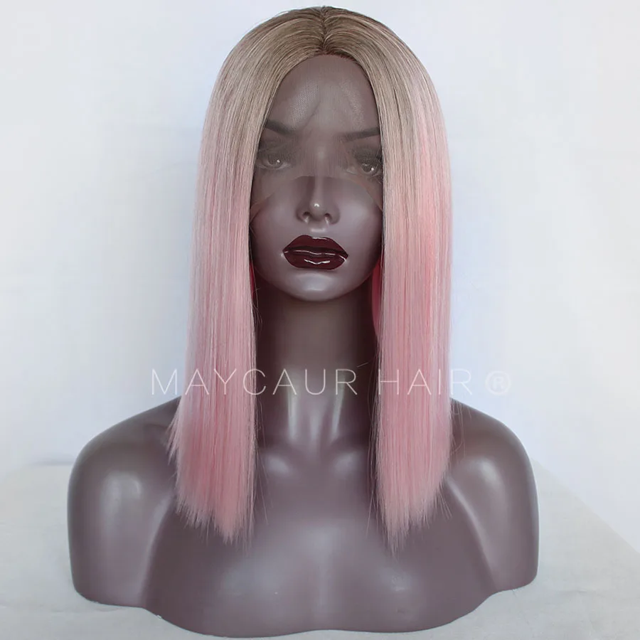 Brown Roots Pink White Ombre Color Short Bob Synthetic Lace Front Wigs For Women Middle Part Lace Wigs with Natural Hairline (1)