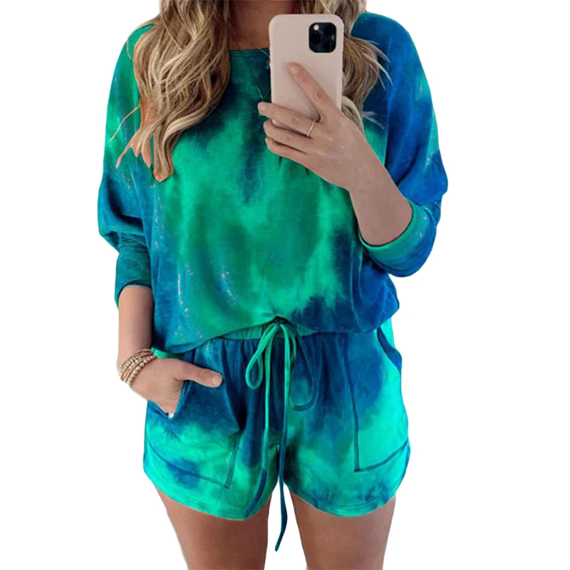 Las mujeres Casual corbata suelta tinte de ropa conjuntos 2020 señora jersey de manga corta Camiseta con cuello redondo + alta Cordón de cintura pantalones cortos