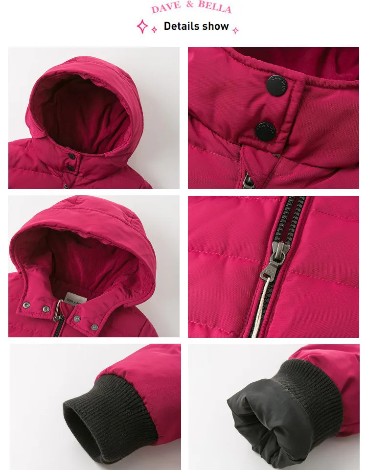 DBK11229 dave bella winter baby girls jacket children zipper pockets ruched solid hooded down coat kids padded outerwear