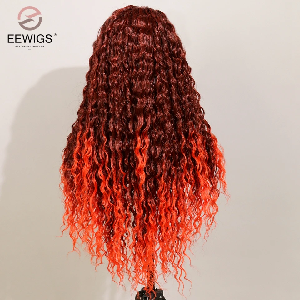 EEWIGS, длинный кудрявый парик, жаростойкий синтетический парик на кружеве, 3 цвета, розовый, желтый, красный, Омбре, Косплей парики для женщин