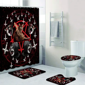 

Cool Satanic Cat Pentagram Death Shower Curtain Bathroom Curtain Set Black Metal Band Exorcist Bath Rug Set Evil Punk Cats Decor