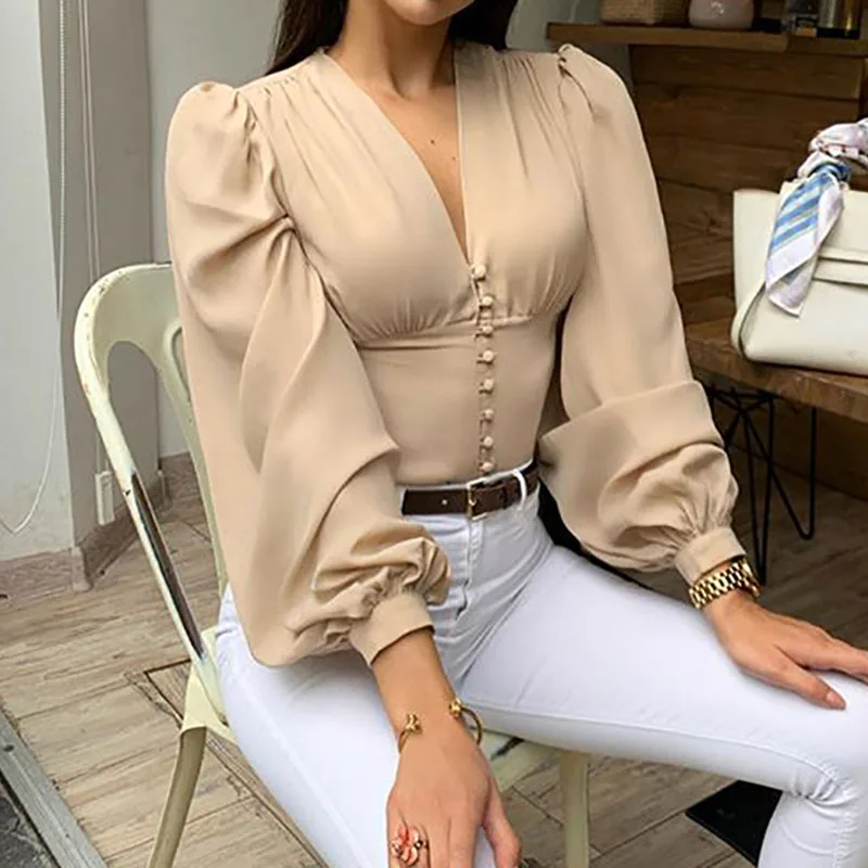 

Vintage Blouses Woman Sexy V-Neck Black Button Lantern Long Sleeve Slim Spring New Elegant Lady Office Shirt Top Blusas LX245