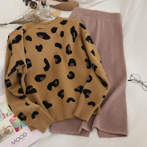Neploe, женские трикотажные комплекты, Леопардовый пуловер, свитер, топы+ однотонная эластичная юбка с высокой талией,, Осень-зима, модные костюмы 56096 - Цвет: brown khaki