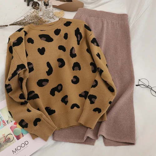 brown khaki Neploe, женские трикотажные комплекты, Леопардовый пуловер, свитер, топы+ однотонная эластичная юбка с высокой талией,, Осень-зима, модные костюмы 56096 - Цвет: brown khaki