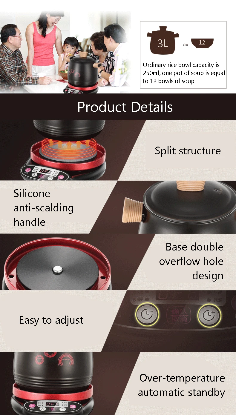 DMWD Бытовая 3.0L электрическая многофункциональная плита микрокомпьютер тушеный суп синхронизации керамическая каша горшок 500 Вт черный