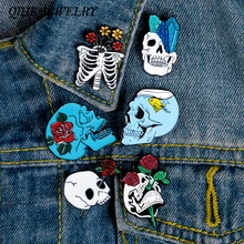 QIHE bijoux fleur crâne émail épingles Collection squelette tête Rose épinglettes amour et mort Badges broches romantiques(China)