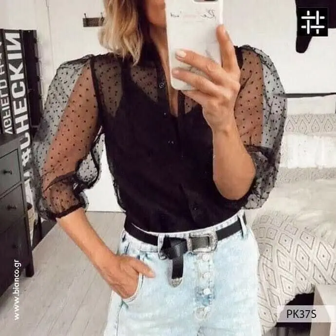  Women See-through Sheer Blouse Polka Dot Long Puff Sleeve Shirts Transparent Tops Ladies Sexy Blous