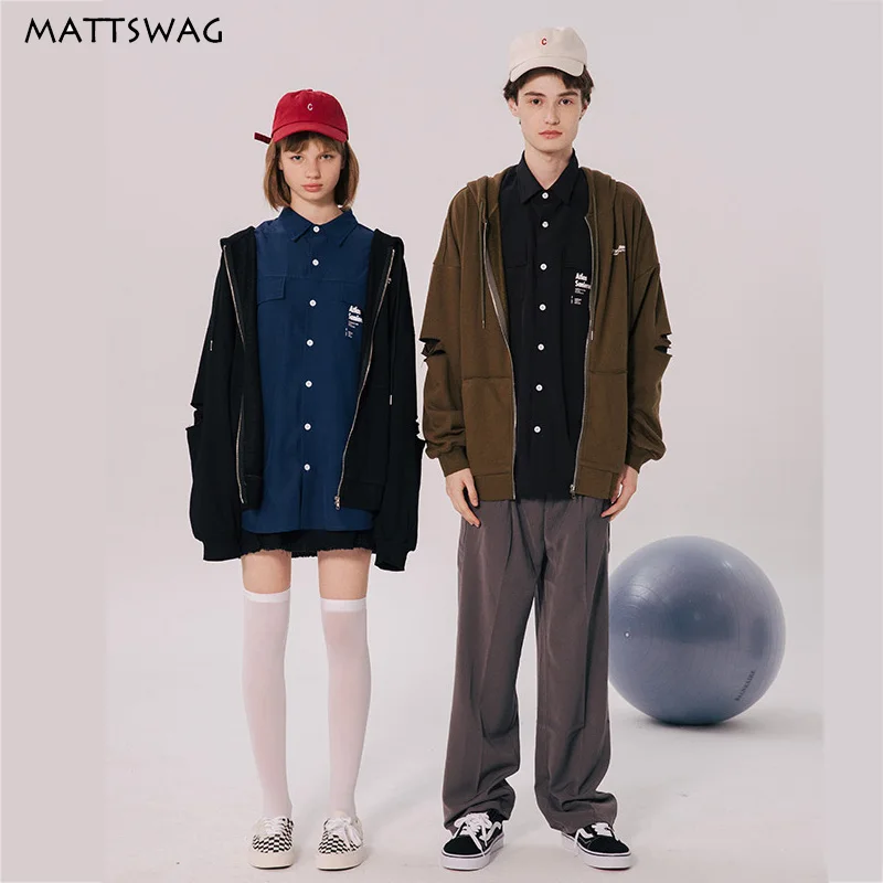 

MATTSWAG Fashion Hip Hop Streetwear Mens Hooded Sweatshirts 2020 Autumn Ripped Zipper Men Hoodie Casual Oversized Couple Clothes