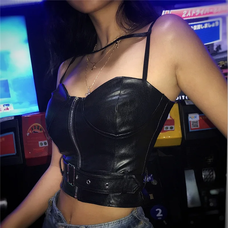 

Lady Strapless Sleeveless Night Club Party Cropped Top zipper belt solid black Weird girl Sexy Ladies Camis pu lather Crop Tops