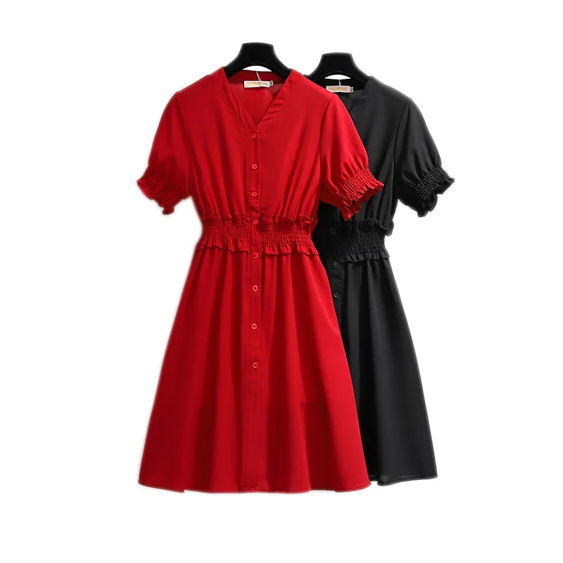 

Woman Dress 2019 Spring Summer V Neck Flexible Waist Lantern Sleeve Red Black Plus Size Dresses for Women 4xl 5xl 6xl