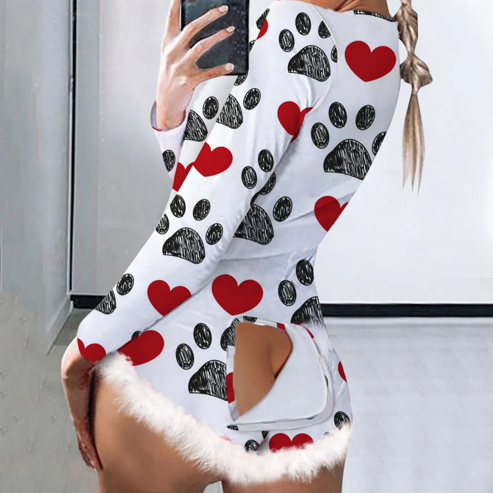 Mono de dormir con botones para mujer, ropa de dormir con corazón esponjoso para el Día de San Valentín, Catsuit rojo cálido de manga larga con estampado, 2021