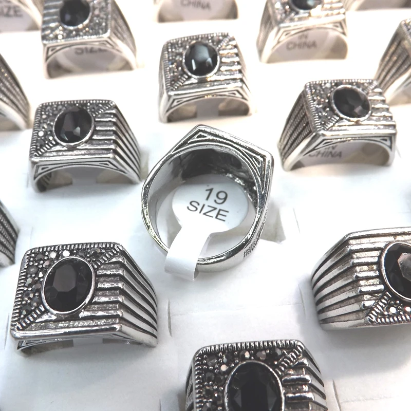 Men Rings Heavy Metal Style Black Crystal Paved Square Ring 50pcs/pack