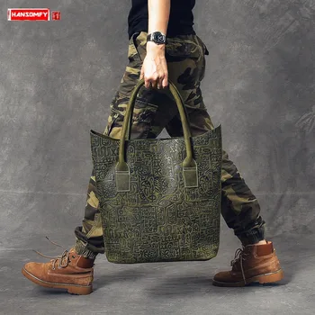 

Big Men Tote Bag Dark Green Oracle Leather Large Capacity Handbag Male Shoulder Bag Portable Bags Vintage Real Genuine Leather