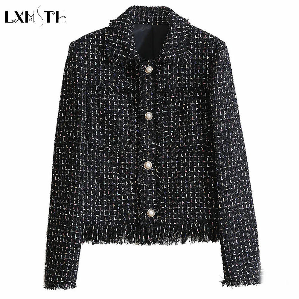 

LXMSTH Fashion Tweed Blazer Women Pearl Beaded Single Breasted Turn Down Collar Knitted Rnway Tweed Wool Jacket Ladies Outwear