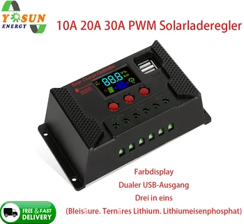 

PWM Solar Charge Controller 10A/20A/30A Solar Charger Usb Output 12/24V Auto Color Display 3 IN 1 For Different Battery Charging
