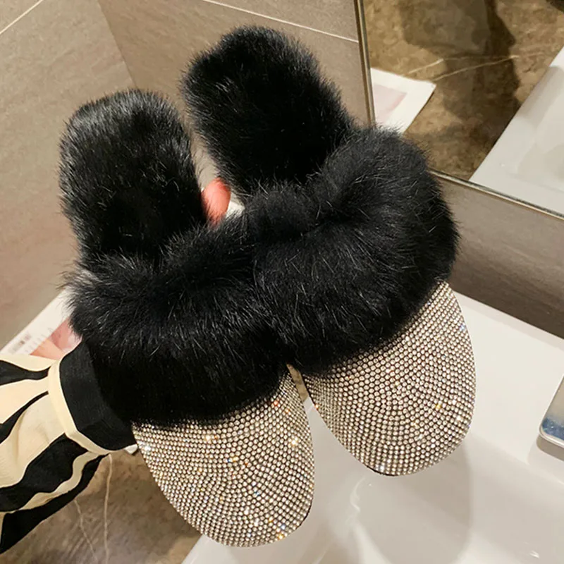 Big Size Women Slippers Ladies Round Toe Designer Shoes Luxury 2021 Rhinestone Fur Crystal Slippers Diamond Mules Flats Shoes