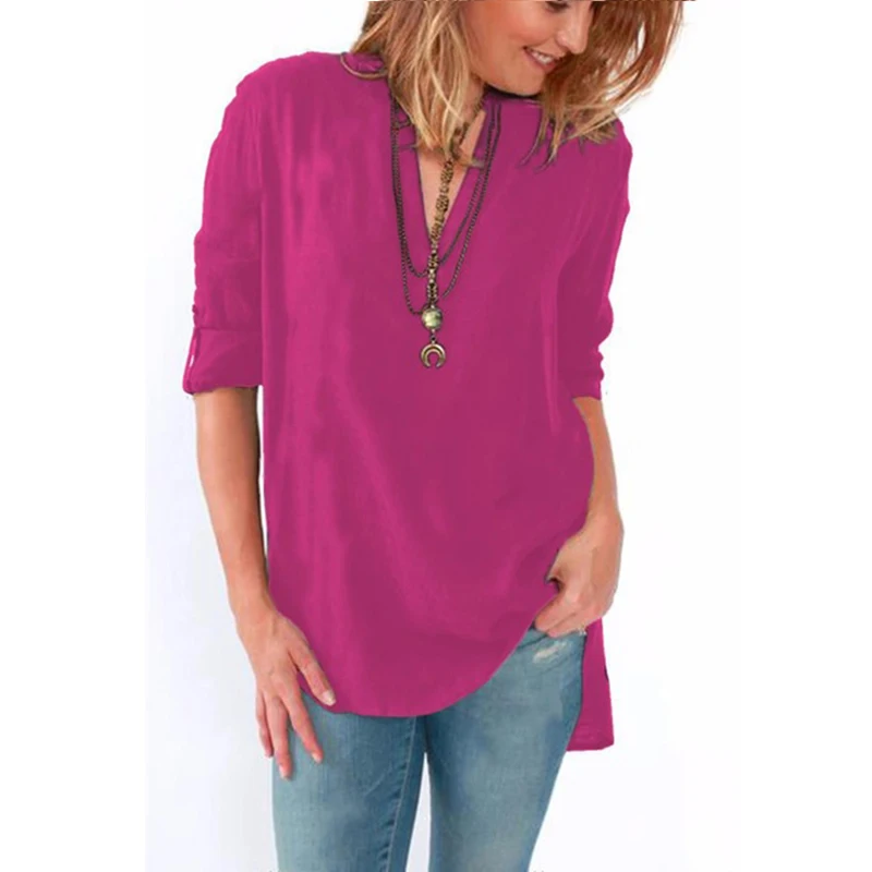 Женская шифоновая блуза с v-образным вырезом и длинным рукавом, повседневные свободные топы, элегантные однотонные рубашки размера плюс