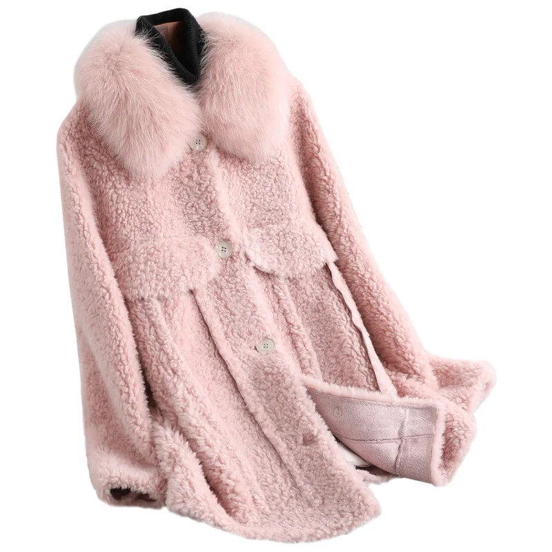 AYUNSUE, натуральное меховое пальто, женское, Овечья овчина, Корейская куртка, зимнее пальто, женское, Лисий мех, воротник, шерсть, пальто, Manteau Femme MY4579 - Цвет: pink