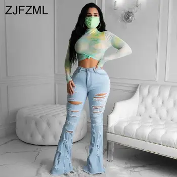 

High Waist Casual Flare Ripped Jeans For Women Hollow Hole Bandage Bell Bottom Trouser Hip Hop Ladies Blue Plus Size Denim Pant