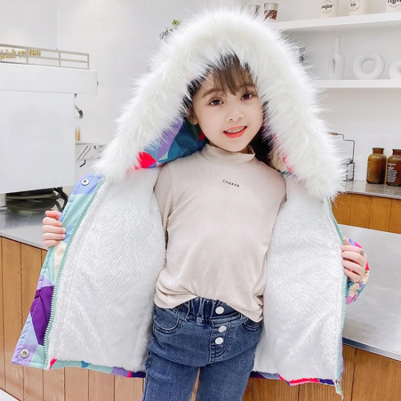 

2020 New Winter Jacket For Girls Kids Geometric Thicken Coat Toddler Fur collar Hooded Velour Warm fleece Jackets Outerwear