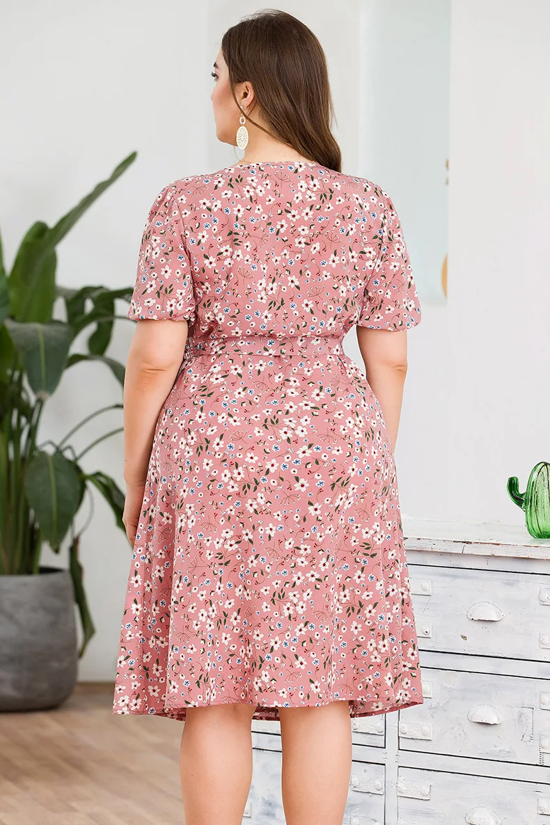 Плюс размер Повседневное платье для женщин Лето V шеи короткий рукав цветочный принт Boho пляжные платья длиной до колена розовое платье с запахом