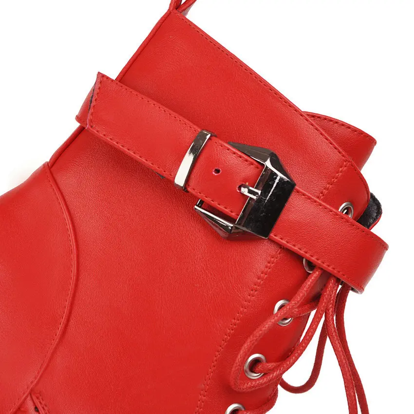 Ceny QUTAA 2020 kobiety połowy łydki buty okrągłe Toe moda klamra koronki zamek błyskawiczny damskie buty PU skórzane krótkie kozaczki na platformie rozmiar 34  43