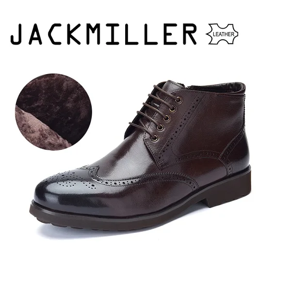 Jackmiller/Лидирующий бренд; мужские ботинки из коровьей кожи на плоской подошве с шерстяной подкладкой; теплые Высококачественные ботинки на шнуровке и молнии; цвет черный, коричневый - Цвет: BROWN
