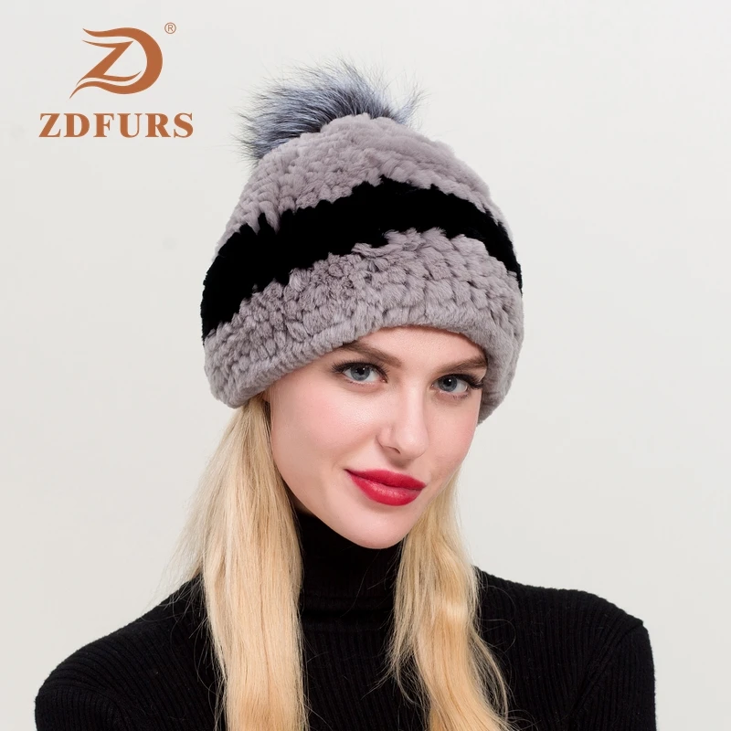ZDFURS* Зимний Настоящий мех кролика шапка с помпон из лисьего меха женские зимние эластичные вязаные Настоящий мех кролика шапки