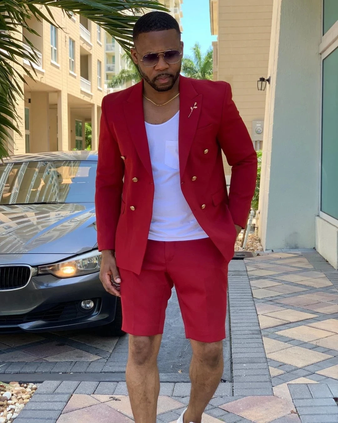 

Red Double Breasted Men Suits Wedding Groom Tuxedo Costume Homme Groom Attires 2Pcs Terno Masculino Slim Fit Blazer With Shorts