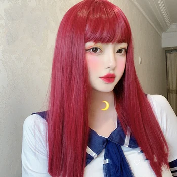 

TALANG red Wigs For Women Straight hair False Synthetic Hair Wigs With Neat Bangs Women's Long Natural Wigs Lolita Cosplay Wig