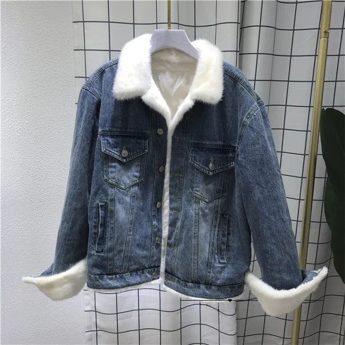 white mink fur PUDI PK914 Женское зимнее меховое пальто Джинсовая хлопковая парка куртка норковый меховой воротник пуховое пальто женское пальто - Цвет: white mink fur