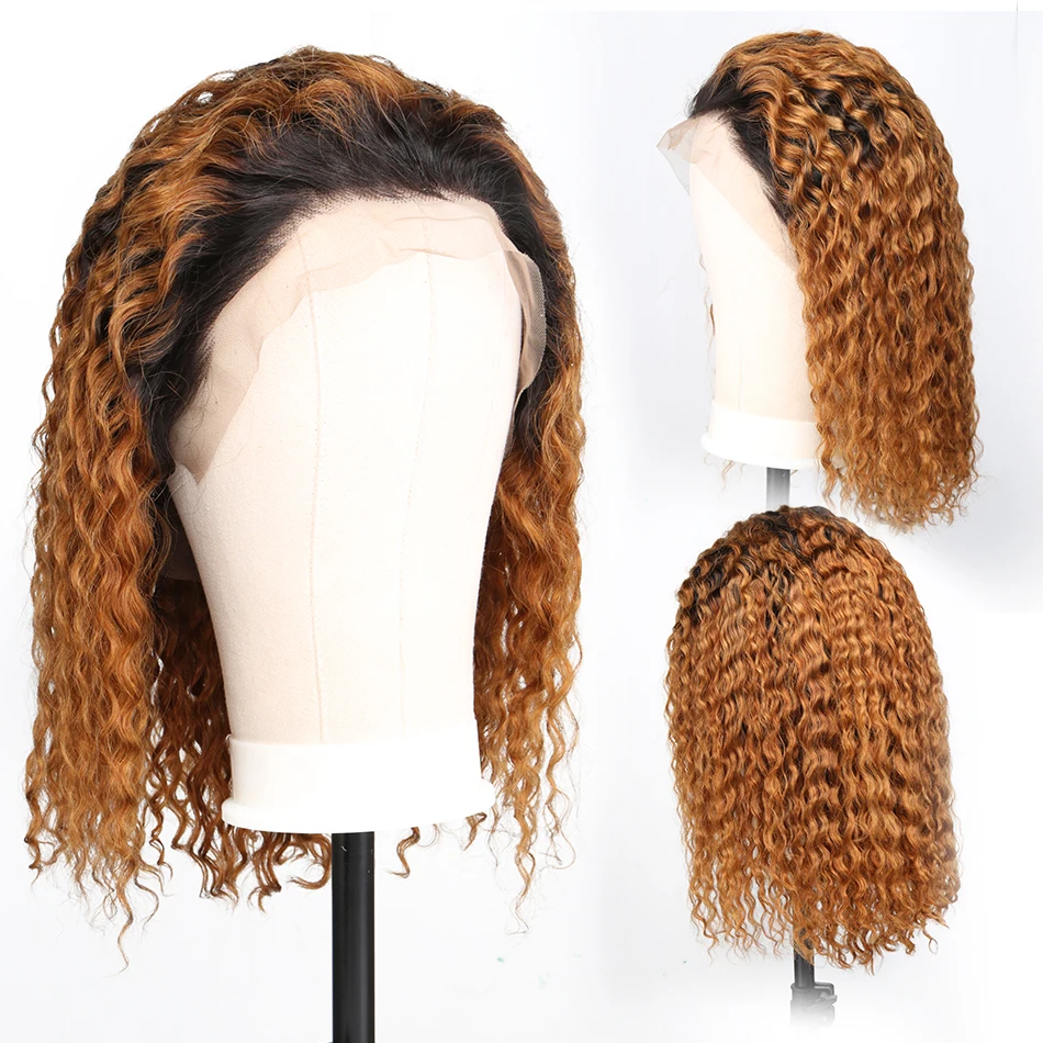 Goldenwigs ombre color water curly Remy 1B/27 bob wig lace front human hair wigs highlight deep wave colored brown Frontal wig Goldenwigs ombre color water curly Remy 1B/27 bob wig lace front human hair wigs