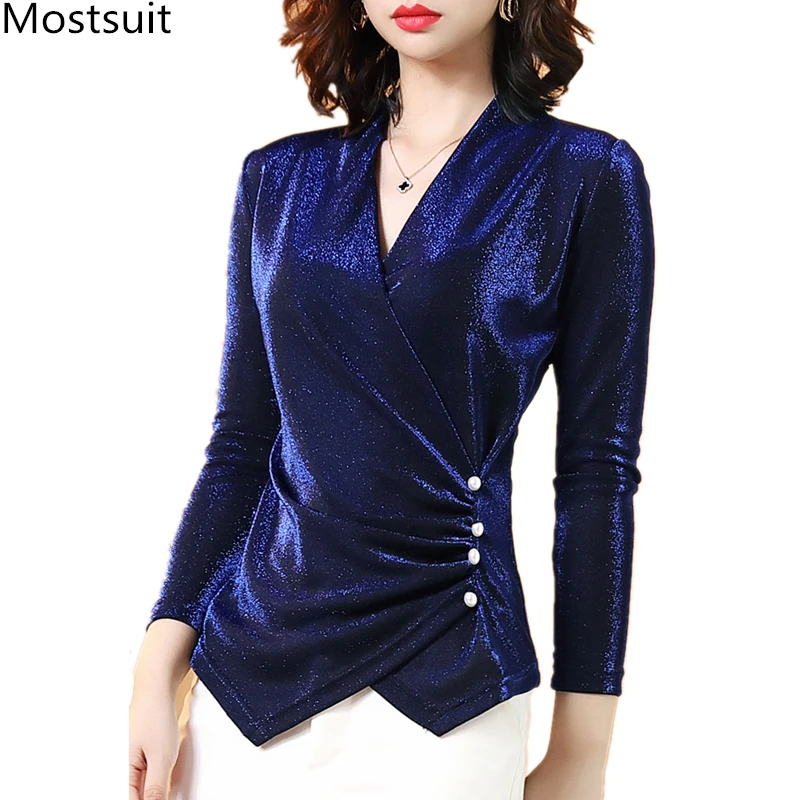 

M-4xl Royal Blue V-neck Shiny Blouses Tops Women Plus Size Spring Autumn Long Sleeve Slim Office Korean Elegant Pullovers Blusas