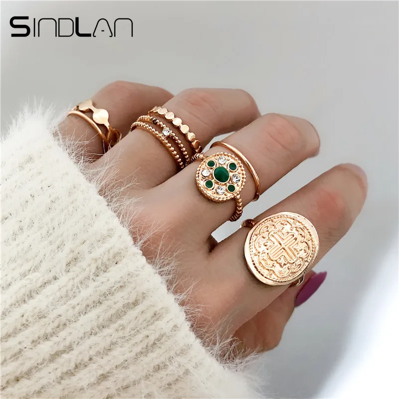 

Sindlan 7PCs Gold Gothic Stamp Rings Set for Women Green Rhinestone Badge Emblem Boho Charm Rings Simple Fashion Finger Jewel