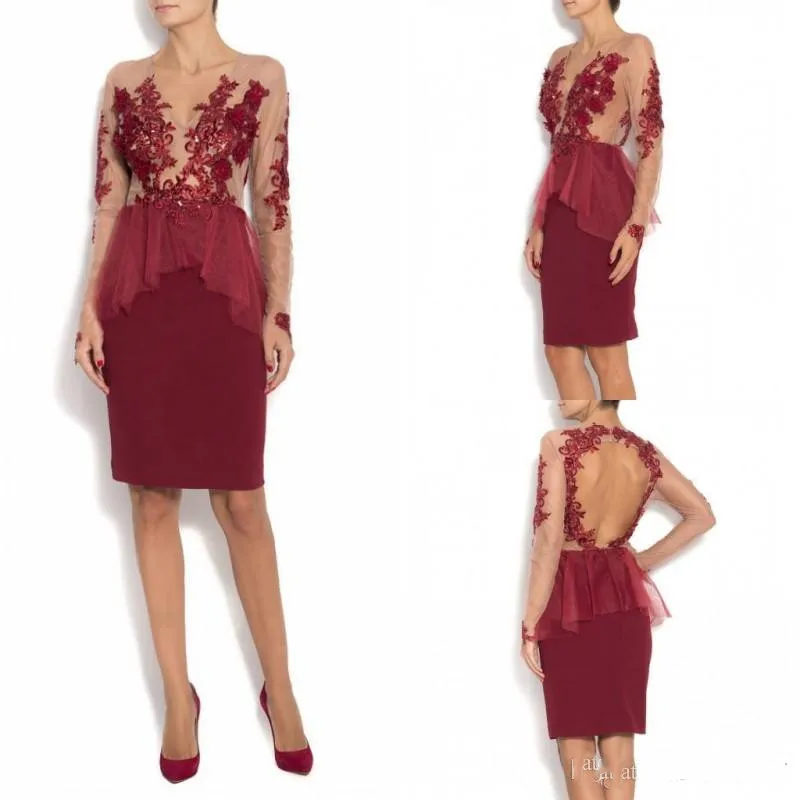 Vestido de madrinha 2019 Goedkope Moeder van de Bruid Jurken Knielengte Bourgondië Lace Geappliceerd Bruiloft Gast Jurken Lange Mouwen Vestido de madrinha 2019 Goedkope Moeder van de Bruid Jurken Knielengte Bourgondië Lace Geappliceerd Bruiloft Gast Jurken Lange Mouwen