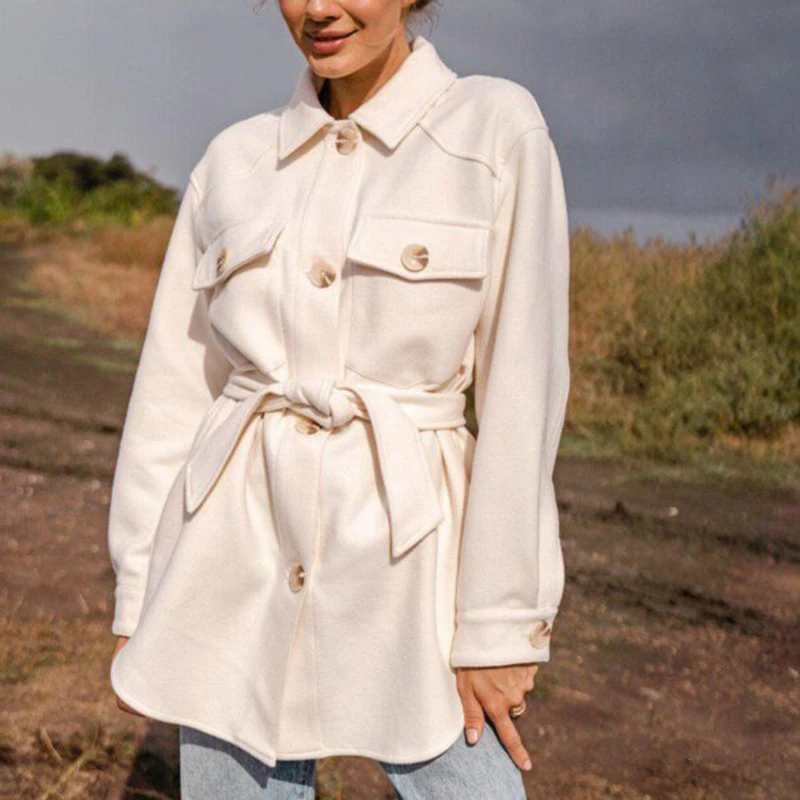 Blusa elegante de estilo Safari para mujer, camisas lisas con cuello delanteros y cinturón de corbata, Tops con bolsillos para mujer|Camisa| - AliExpress