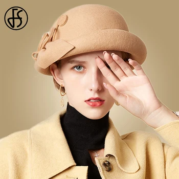 

FS Elegant Formal Women Wool Felt Hat Winter Fedoras Cloche Bowler Cap with Flower Ladies Derby Church Wedding Hats 2019 Autumn