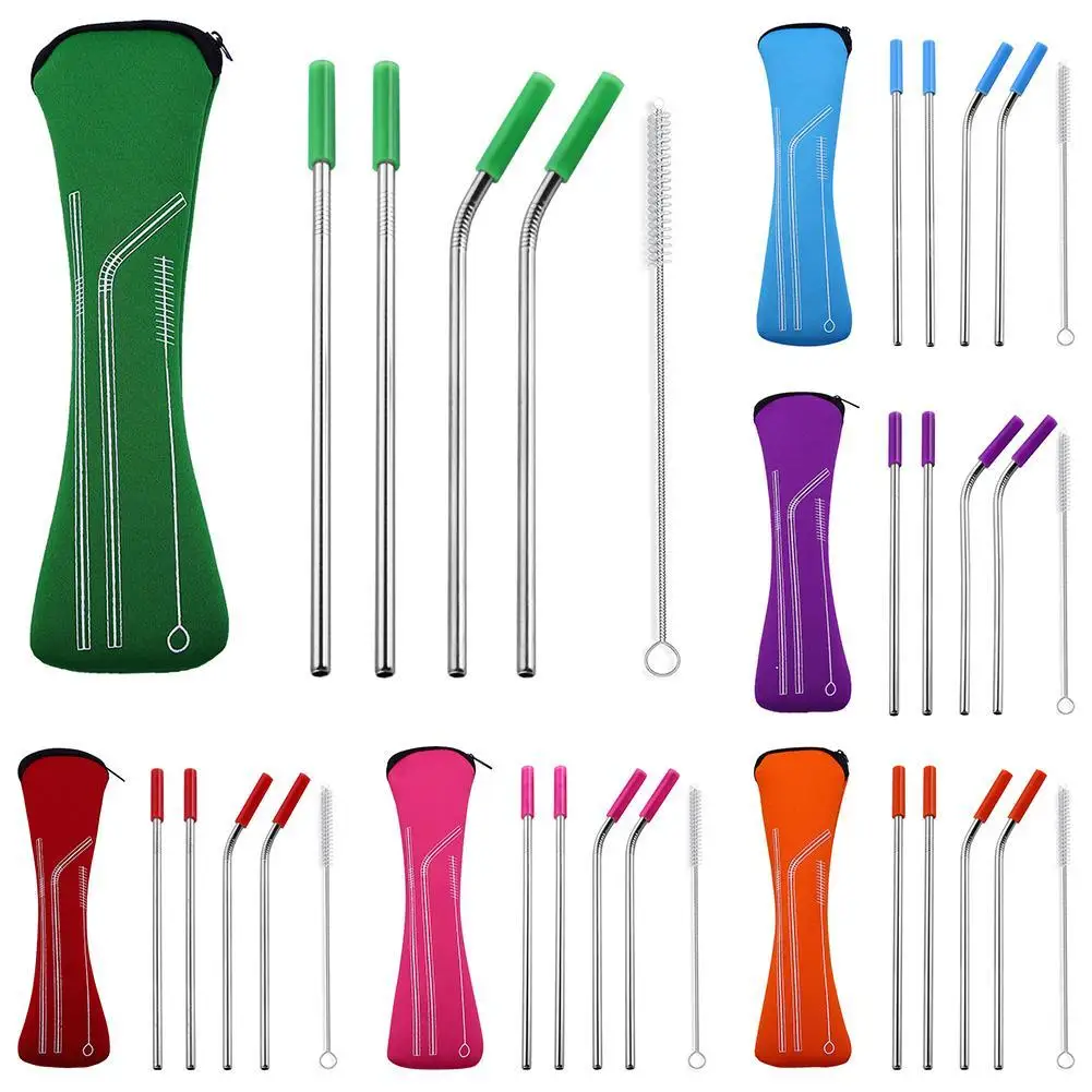 500sets/lot 20oz Portable Silicone Tip Cover Stainless Steel Straw Straight Bent Drinking Straw Travel Neoprene Storage Bag