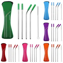 500sets/lot 20oz Portable Silicone Tip Cover Stainless Steel Straw Straight Bent Drinking Straw Travel Neoprene Storage Bag
