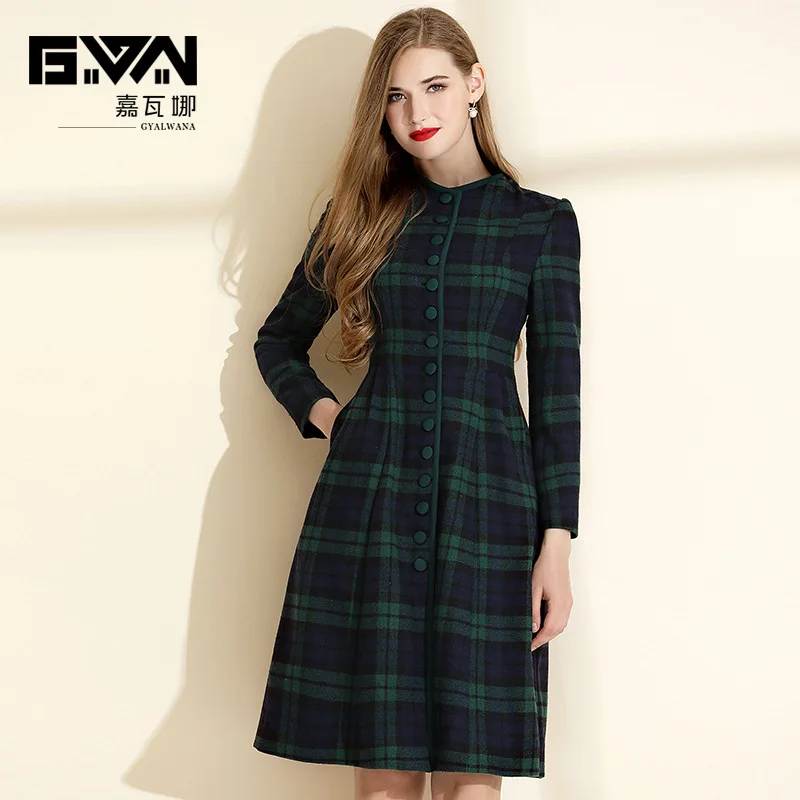 GYALWANA Winter New Green Plaid Dress Women's Winter French Style Retro Slim A-line Dress Christmas Clothes