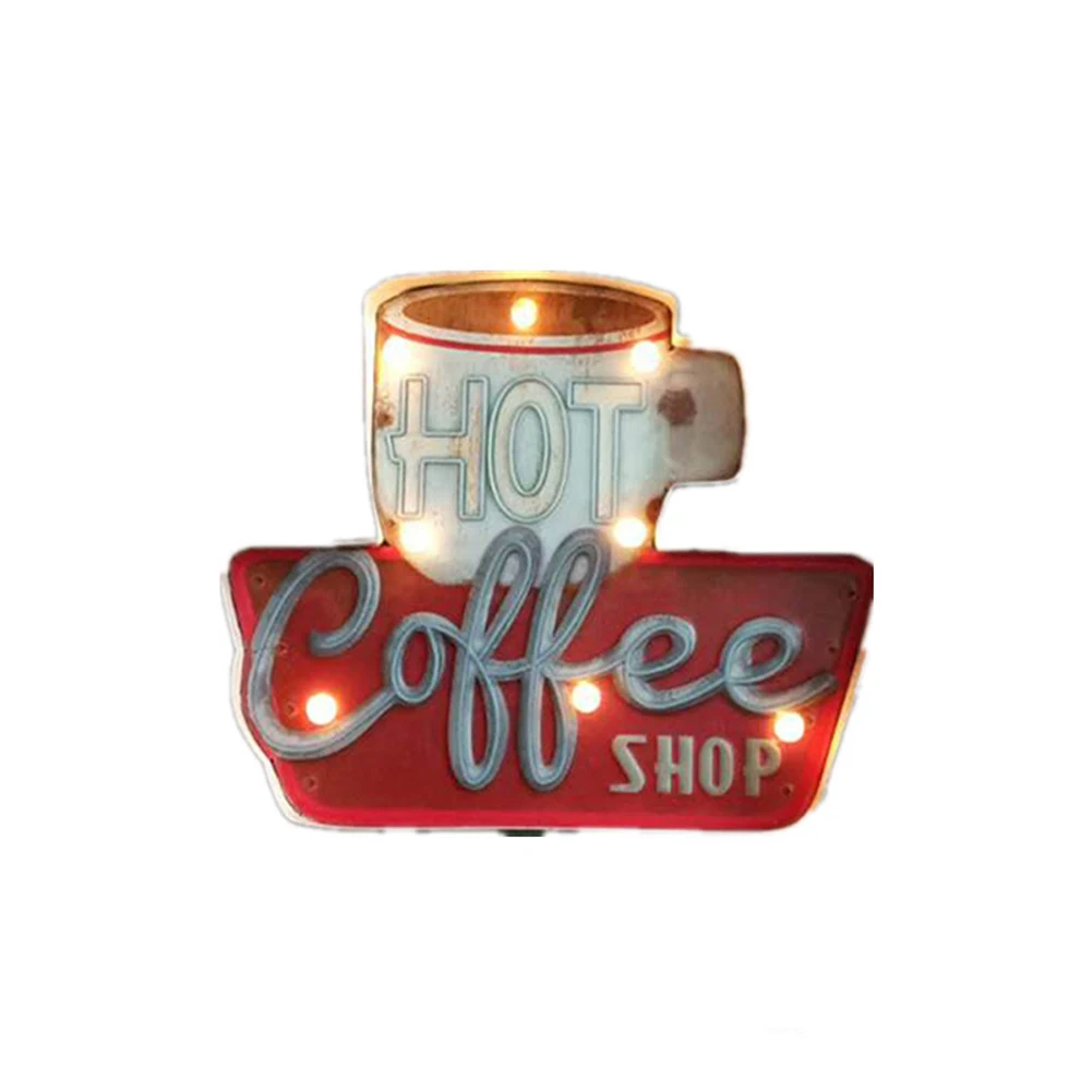 

Durable Wall Decoration Vintage Hot Coffee Shop LED Sign Iron Diner Home Battery Powered Board Hanging Illuminated Bar