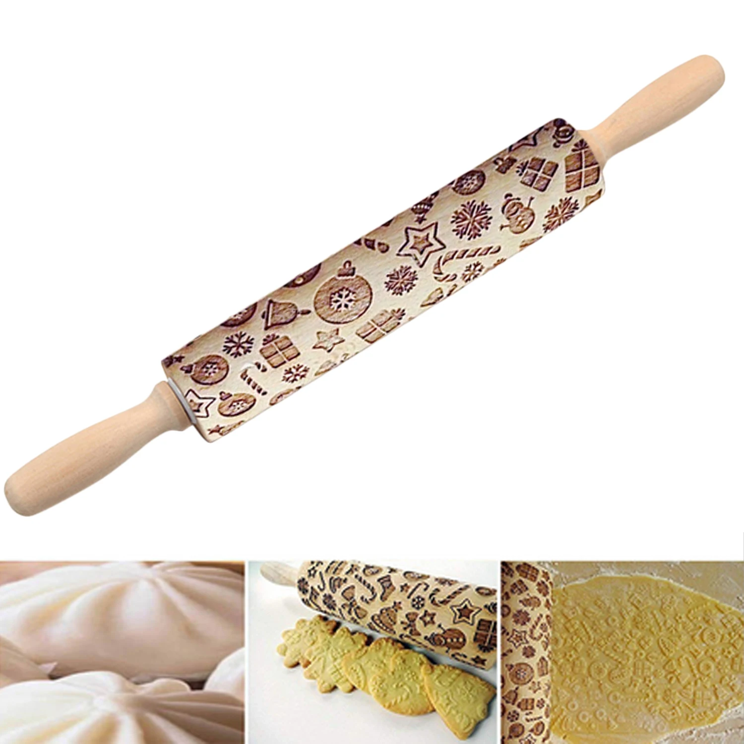 Behogar Christmas Engraved Embossing Rolling Pin for Pasta Cookie Biscuit Dough Pastry Baking Bakery Pizza Fondant Chapatti Pie