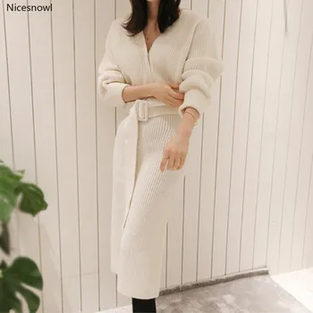 

Autumn Runway High Quality Women Knitted Sweater 2 Two Piece Women Loose Knitted Cardigan + Elastic Waist Split Skirts Outfits