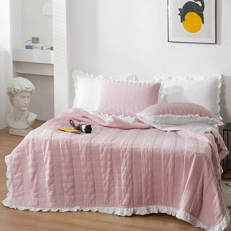 

Pink Cotton Summer Seersucker Quilted Elegant Lace Ruffle Bedspread Coverlet Bed Cover Set Bed sheet Pillowcase Bedding 3pcs #/