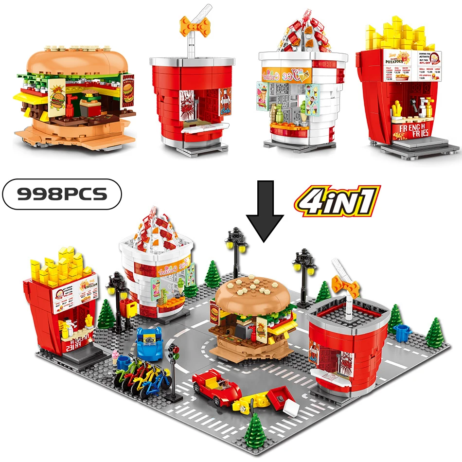 

998Pcs Hamburger French Fries Shop Building Blocks Compatible Legoingly City Construction Street View Ice Cream Bricks Toys