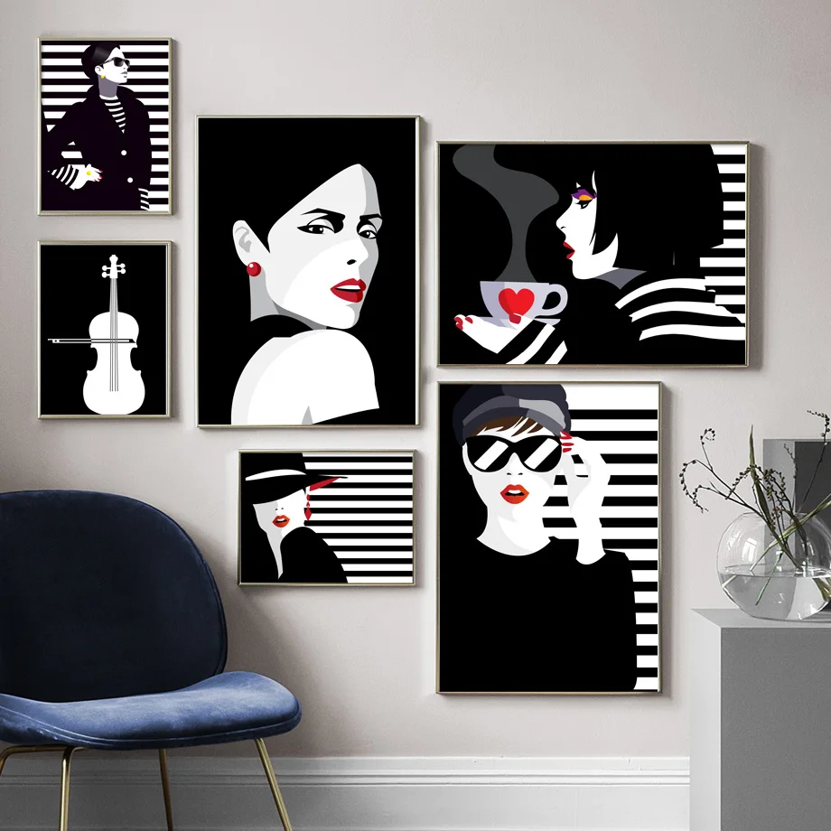 

Fashion Woman Red Lips Violin Wall Art Canvas Painting Nordic Posters And Prints Black White Wall Pictures For Living Room Decor