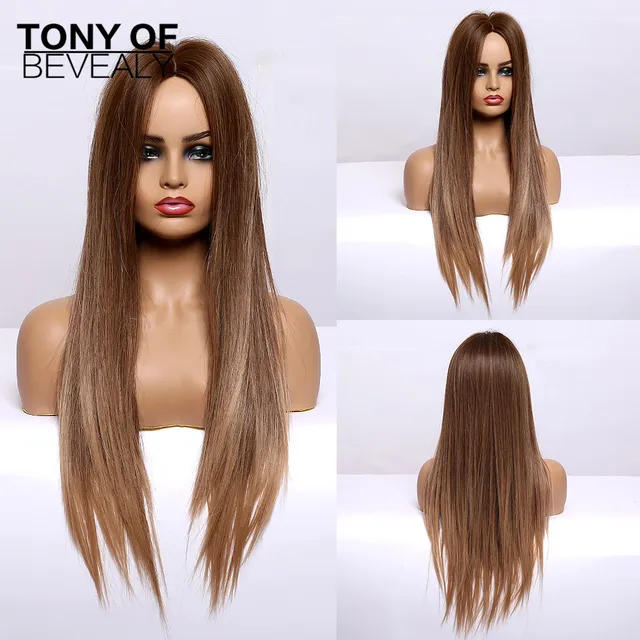 Long Straight Brown Ombre Natural Hair Wigs Middle Part Heat Resistant Synthetic Wigs for Afro Women Daily Cosplay Fashion Wigs lc306-1