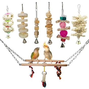 

7 Packs Bird Parrot Swing Chewing Toys- Natural Wood Hanging Bell Bird Cage Toys Suitable for Small Parakeets Cockatiels Conures