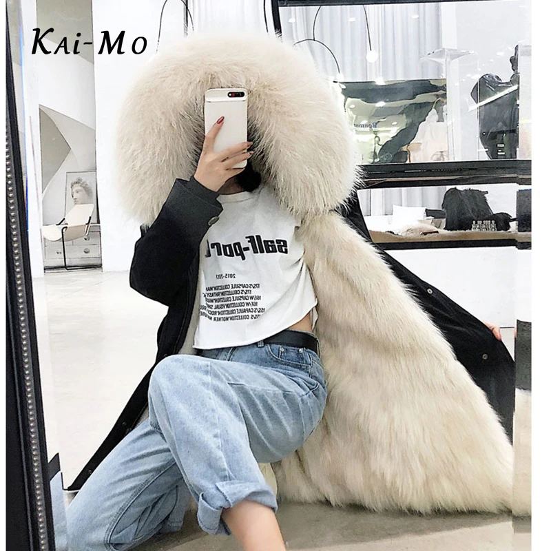 KAI-MO, женское меховое пальто, длинная парка, водонепроницаемый большой меховой воротник, капюшон, Толстая теплая меховая подкладка, зимняя куртка